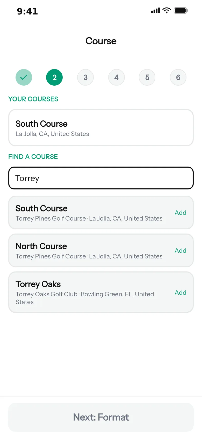 Course search in Picnic with a result selected and its tees listed.