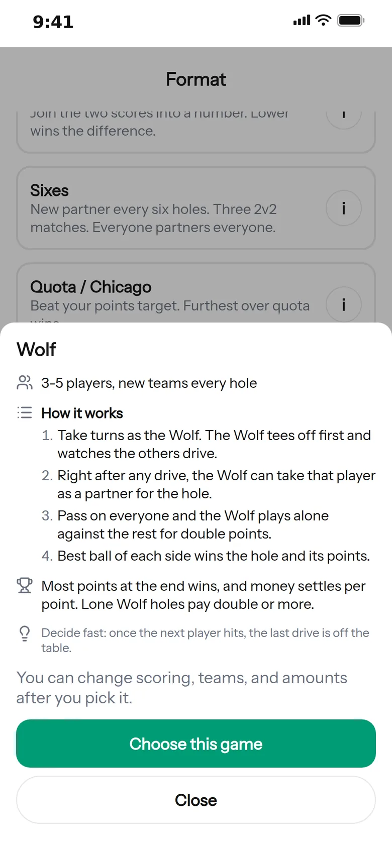 The Picnic game list with the Wolf rules sheet open.
