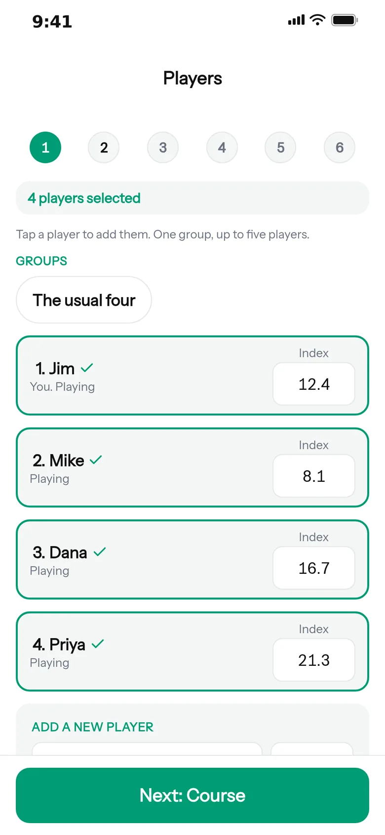 The players step in Picnic setup with four names and handicaps filled in.