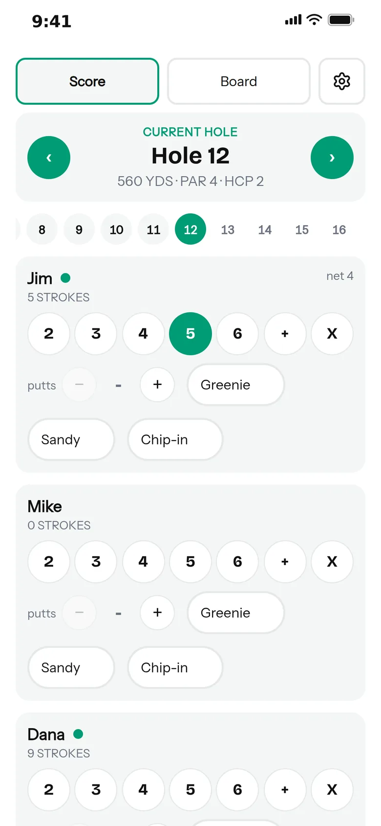 Picnic scoring screen on hole 12 with four players, strokes applied and a score tapped in.